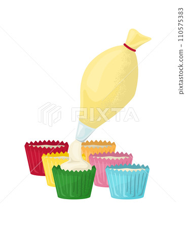 Piping bag squeezing cream into colorful cupcake liners. Baking and pastry making vector illustration. 110575383
