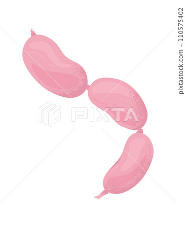Three linked pink sausages vector illustration. Meat product design element, simple flat style. 110575402