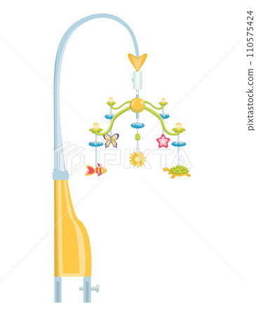 Baby mobile with colorful animals and stars hanging from a yellow stand. Nursery decoration with cartoon fish, turtle, and sun figures. Child's room interior design, cute crib toy vector illustration. Baby mobile with colorful animals and stars hanging from a yellow stand. Nursery decoration with cartoon fish, turtle, and sun figures. Child's room interior design, cute crib toy vector illustration. 110575424