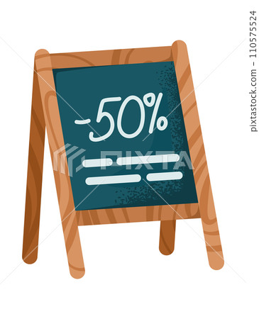Chalkboard sign with 50 off discount offer. Wooden frame sidewalk signage with sale advertisement vector illustration. Chalkboard sign with 50 off discount offer. Wooden frame sidewalk signage with sale advertisement vector illustration. 110575524
