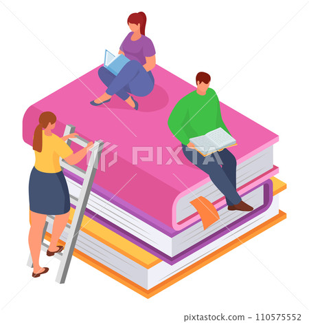Two women and a man reading books on giant stack of books. Students studying together on big books. Learn and education concept vector illustration. Two women and a man reading books on giant stack of books. Students studying together on big books. Learn and education concept vector illustration. 110575552