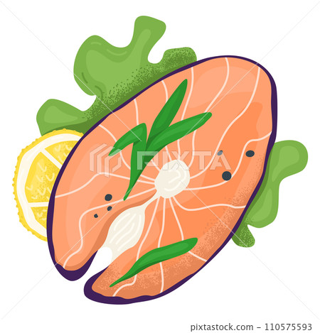 Grilled salmon fillet with lemon and herbs. Healthy eating and Mediterranean cuisine vector illustration. 110575593