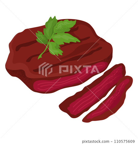 Grilled beef steak with herb garnish, cooked meat dish, isolated. Fresh parsley on top of juicy steak. Culinary art and restaurant menu design vector illustration. 110575609