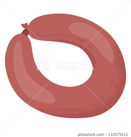 Cartoon sausage link in a curved shape, flat design. Digital illustration of a meat product. Grocery and food concept vector illustration. Cartoon sausage link in a curved shape, flat design. Digital illustration of a meat product. Grocery and food concept vector illustration. 110575612
