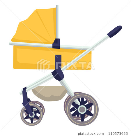 Yellow baby stroller with a canopy and large wheels. Modern pram design, childcare and transportation vector illustration. 110575633