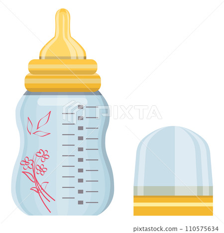 Baby bottle with measurement marks and silicone nipple, floral decoration on the side. Feeding equipment and newborn nutrition vector illustration. Baby bottle with measurement marks and silicone nipple, floral decoration on the side. Feeding equipment and newborn nutrition vector illustration. 110575634