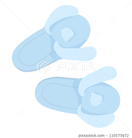 Pair of cozy light blue slippers with fluffy white pompoms. Warm winter home footwear, comfort and fashion vector illustration. Pair of cozy light blue slippers with fluffy white pompoms. Warm winter home footwear, comfort and fashion vector illustration. 110575672