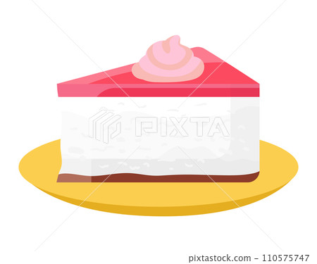 Slice of strawberry cake on a plate with a cream topping. Dessert, sweet food, and confectionery concept vector illustration. Slice of strawberry cake on a plate with a cream topping. Dessert, sweet food, and confectionery concept vector illustration. 110575747