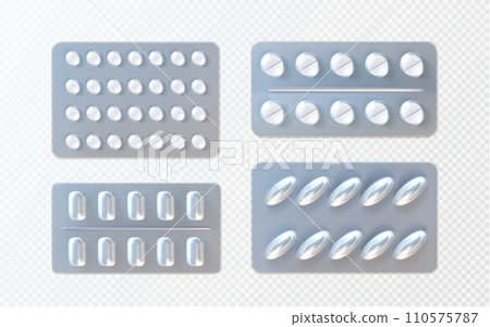 Pills and capsules in foil blister pack mockup. 110575787