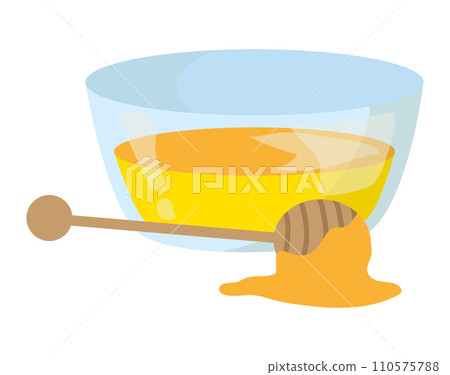 Glass bowl full of honey with wooden dipper and honey spill. Sweet natural food and healthy ingredient vector illustration. 110575788