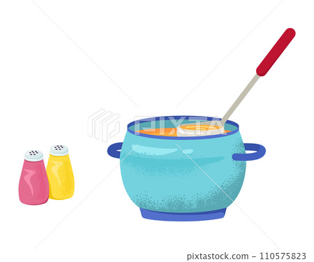 Blue cooking pot with soup and spoon, salt and pepper shakers. Kitchen utensils and cooking concept vector illustration. Blue cooking pot with soup and spoon, salt and pepper shakers. Kitchen utensils and cooking concept vector illustration. 110575823
