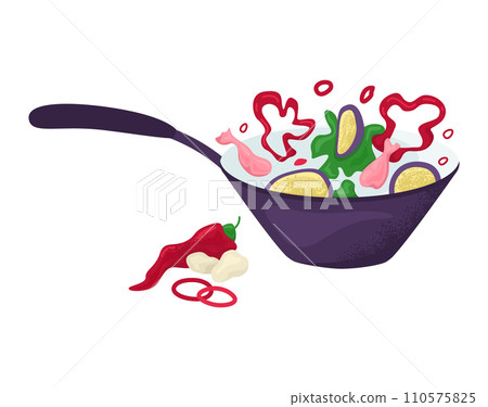 Colorful stir fry in wok, sizzling vegetables and chicken. Fresh ingredients cooking in pan, spicy food preparation. Culinary delights, homemade dinner vector illustration. 110575825