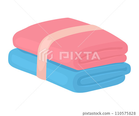 Stack of two towels, pink on top of blue, neatly folded. Home essentials and bathroom accessories vector illustration. 110575828