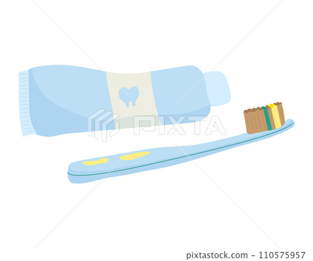 Toothpaste tube and toothbrush with bristles vector illustration. Dental care, hygiene products, morning routine concept. Toothpaste tube and toothbrush with bristles vector illustration. Dental care, hygiene products, morning routine concept. 110575957