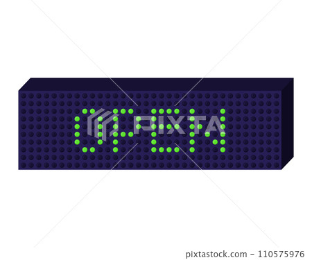 Green LED dot matrix display showing word 'OPEN' on dark board. Business welcoming sign, open for customers vector illustration. Green LED dot matrix display showing word 'OPEN' on dark board. Business welcoming sign, open for customers vector illustration. 110575976