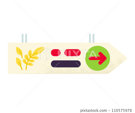 Vector street sign direction arrow, indication. Beige signpost with grain texture and green circle arrow. Guide post nature eco design vector illustration. 110575978