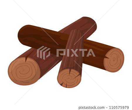 Stack of three brown logs with visible tree rings. Lumber wooden texture, cartoon firewood logs vector illustration. 110575979