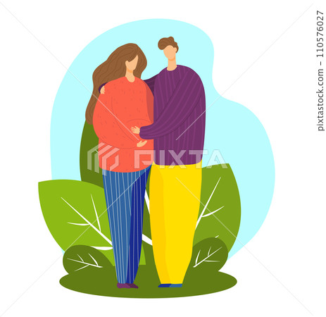 Pregnant woman with partner standing together, outdoor setting with leaves. Expectant couple embracing, love and family concept. Love, family and pregnancy vector illustration. 110576027