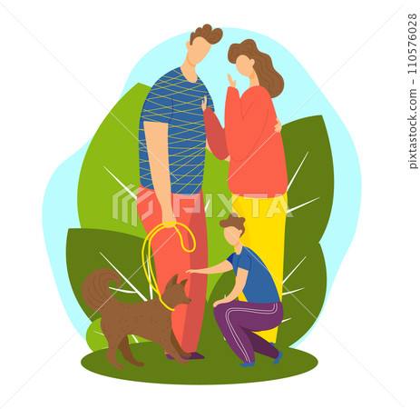 Family with dog in park, child petting dog, parents having discussion. Outdoor leisure with pet, family bonding time vector illustration. 110576028