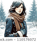 一個女人站在飄落的雪花中（AI 生成的圖像） 110576072