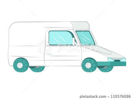 White delivery van side view with blue wheels and details. Simplified courier transport vehicle design. Logistics and distribution vector illustration. White delivery van side view with blue wheels and details. Simplified courier transport vehicle design. Logistics and distribution vector illustration. 110576086