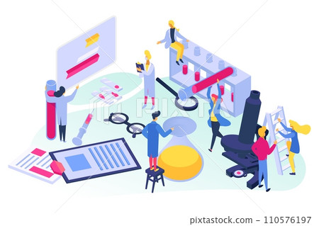 Isometric medical research, vector illustration. Flat tiny man woman character making medicine in laboratory, people use scientific equipment design. Person hold test tube, work with microscope. 110576197