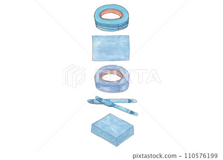 水性筆和透明水彩繪製的藍色文具垂直插圖集A 110576199