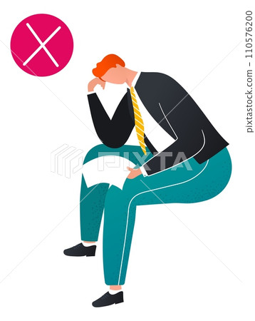 Caucasian businessman stressed with failure, sitting head in hands. Depressed male office worker with negative answer symbol. Emotional distress and work problems vector illustration. Caucasian businessman stressed with failure, sitting head in hands. Depressed male office worker with negative answer symbol. Emotional distress and work problems vector illustration. 110576200