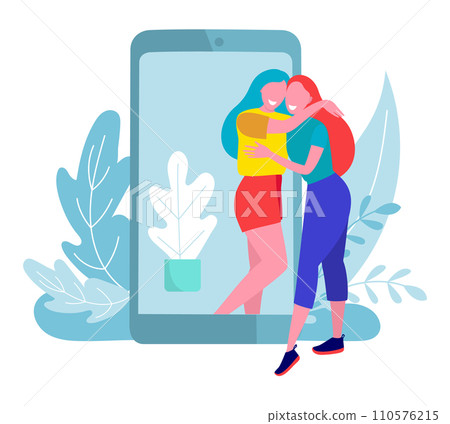 Two women hugging in front of a smartphone screen with plant decor. Embrace of friendship and love. Digital connection and virtual hug concept vector illustration. 110576215