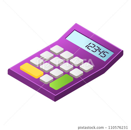 Isometric purple calculator with colorful buttons and digital display. Office stationary, mathematics tool vector illustration. 110576231