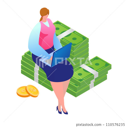 Woman with laptop sitting on stack of money. Female entrepreneur working on computer with earnings. Wealth and online income concept vector illustration. Woman with laptop sitting on stack of money. Female entrepreneur working on computer with earnings. Wealth and online income concept vector illustration. 110576235
