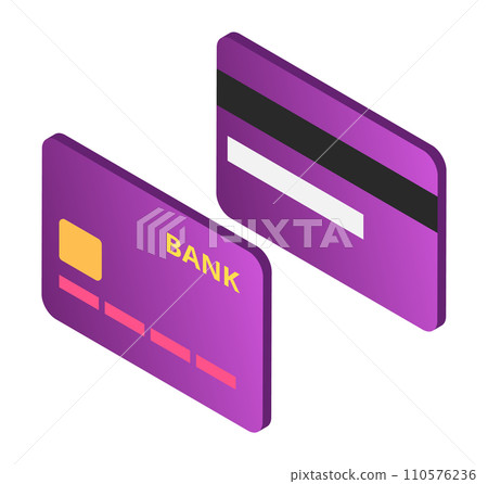 Two purple credit or debit cards with chip and magnetic stripe. Floating isometric bank cards design. Digital payment methods vector illustration. Two purple credit or debit cards with chip and magnetic stripe. Floating isometric bank cards design. Digital payment methods vector illustration. 110576236