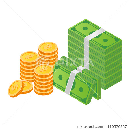 Stacks of green money bills alongside gold coins. Financial success and savings concept. Wealth accumulation and bank savings vector illustration. Stacks of green money bills alongside gold coins. Financial success and savings concept. Wealth accumulation and bank savings vector illustration. 110576237