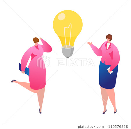 Two businesswomen presenting a lightbulb idea, one gesturing. Professional females with concept of innovation. Creative thinking and brainstorming vector illustration. Two businesswomen presenting a lightbulb idea, one gesturing. Professional females with concept of innovation. Creative thinking and brainstorming vector illustration. 110576238