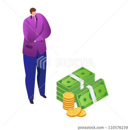 Man in suit contemplating wealth, stacks of money and coins, financial success concept. Wealth management and investment strategy vector illustration. Man in suit contemplating wealth, stacks of money and coins, financial success concept. Wealth management and investment strategy vector illustration. 110576239