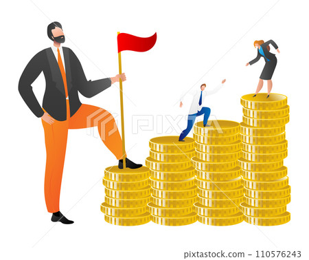 Success concept with businessman planting flag on coin stack, helping businessman and woman climb. Financial achievement, teamwork and leadership vector illustration. Success concept with businessman planting flag on coin stack, helping businessman and woman climb. Financial achievement, teamwork and leadership vector illustration. 110576243