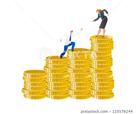 Businessman and businesswoman climbing coin stacks. Female executive reaches the top while male colleague follows. Financial success and career growth vector illustration. 110576244