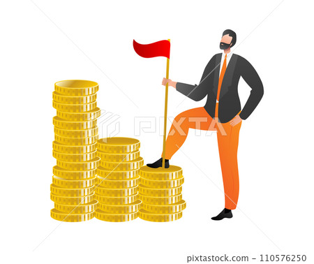 Businessman with beard standing on coins holding red flag. Successful entrepreneur on money stack. Financial success and wealth concept vector illustration. Businessman with beard standing on coins holding red flag. Successful entrepreneur on money stack. Financial success and wealth concept vector illustration. 110576250