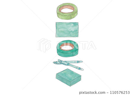 Vertical illustration set A of green stationery drawn with water-based pens and transparent watercolors 110576253
