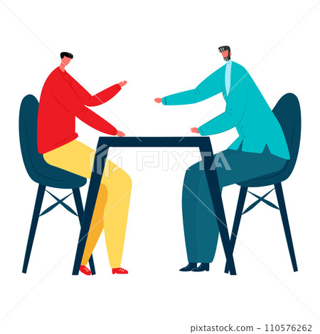 Two men discussing at table, professional meeting, disagreement concept. Business meeting, argument, negotiation vector illustration. Two men discussing at table, professional meeting, disagreement concept. Business meeting, argument, negotiation vector illustration. 110576262