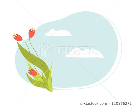 Red tulips with green leaves on blue and white background. Minimalist floral design with clouds. Springtime and nature concept vector illustration. Red tulips with green leaves on blue and white background. Minimalist floral design with clouds. Springtime and nature concept vector illustration. 110576271
