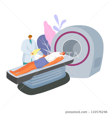 Patient undergoing MRI scan with doctor monitoring. Medical examination with magnetic resonance imaging technology. Modern healthcare and diagnostics vector illustration. 110576296