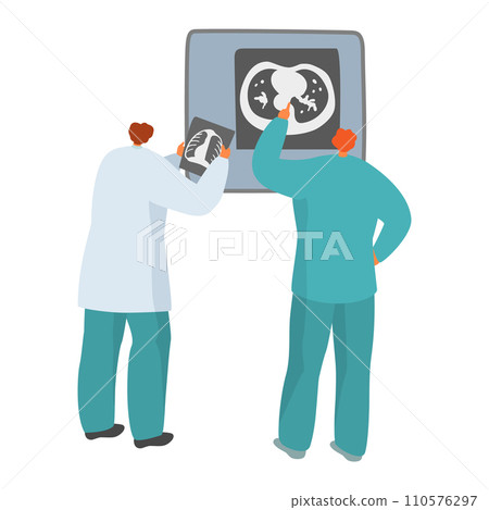 Two doctors examining an X-ray of lungs, medical professionals in scrubs. Healthcare workers analyzing patient's chest X-ray vector illustration. 110576297