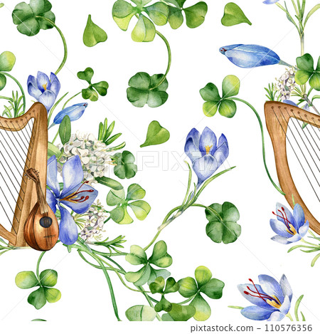 Musical instruments and spring flowers watercolor seamless pattern isolated on white. Painted green clover with harp and mandoline. Irish symbol hand drawn. Design for St.Patricks day background 110576356