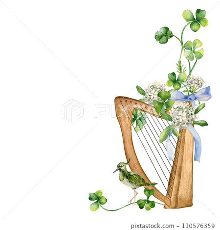 Board with harp, spring flowers and bird watercolor illustration isolated on white. Painted shamrock with lira and labrador tea. Irish lucky symbol hand drawn. Design for St.Patricks day,Easter frame 110576359