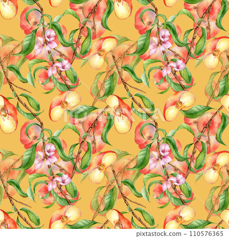 Watercolor branch of peach tree with fruit and flowers seamless pattern isolated on yellow. Fig peaches and leaves painted. Chines peaches hand drawn. Design element for package, skin care cosmetic 110576365