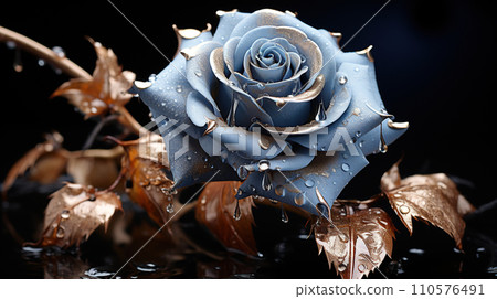 Beautiful blue rose with water drops on black background, closeup, Generative AI Beautiful blue rose with water drops on black background, closeup, Generative AI 110576491