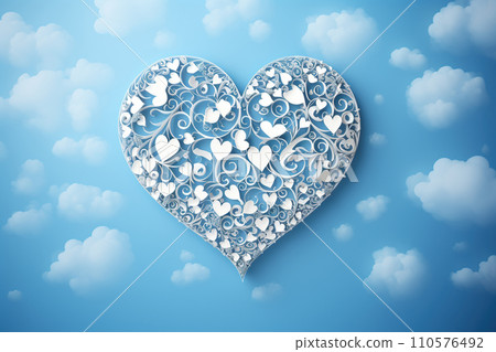 Valentine's Day background with blue paper heart and clouds. Generative AI Valentine's Day background with blue paper heart and clouds. Generative AI 110576492