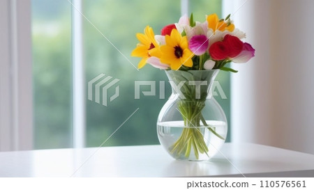 bouguet of beautiful flowers in a vase on the table near by window bouguet of beautiful flowers in a vase on the table near by window 110576561