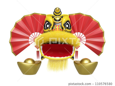 3d yellow lion dance head with fan, chinese gold ingot for festive chinese new year holiday. 3d render illustration 110576580